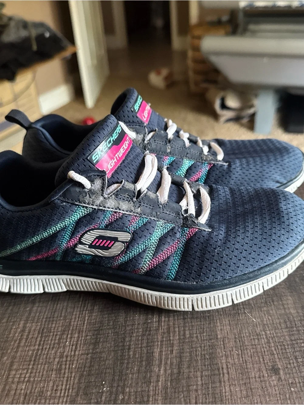 SKECHERS Flex Sole Women Size 8.5 Navy Lace-Up Textile Walking Sneakers